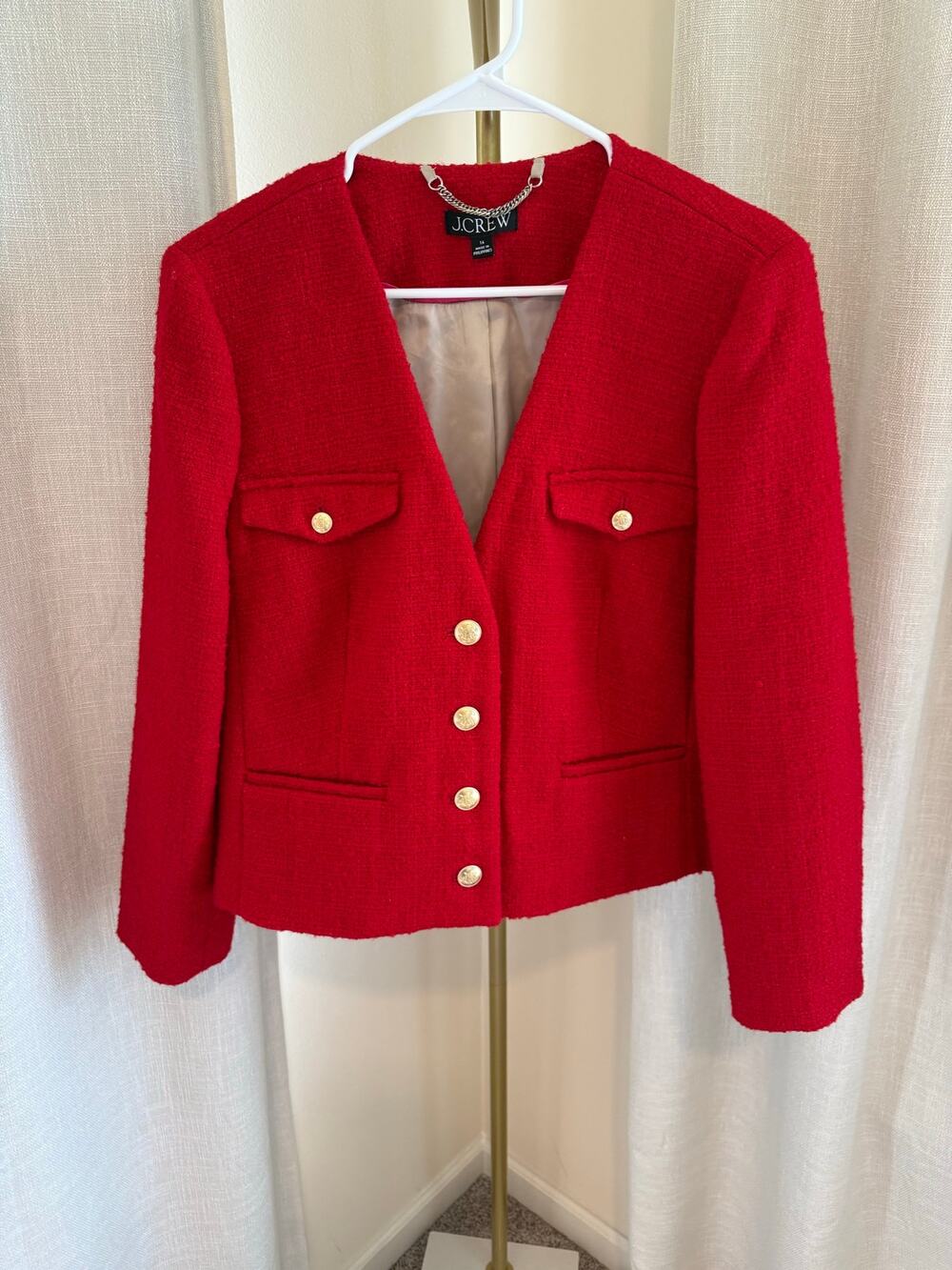 J.Crew Tweed Blazer Jacket Women's Size 16 Red V-Neck Button-Front Long Sleeves
